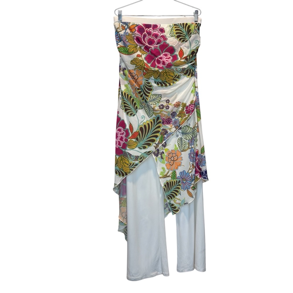 Joseph Ribkoff strapless floral print asymmetrical dress wide leg pants jumpsuit
